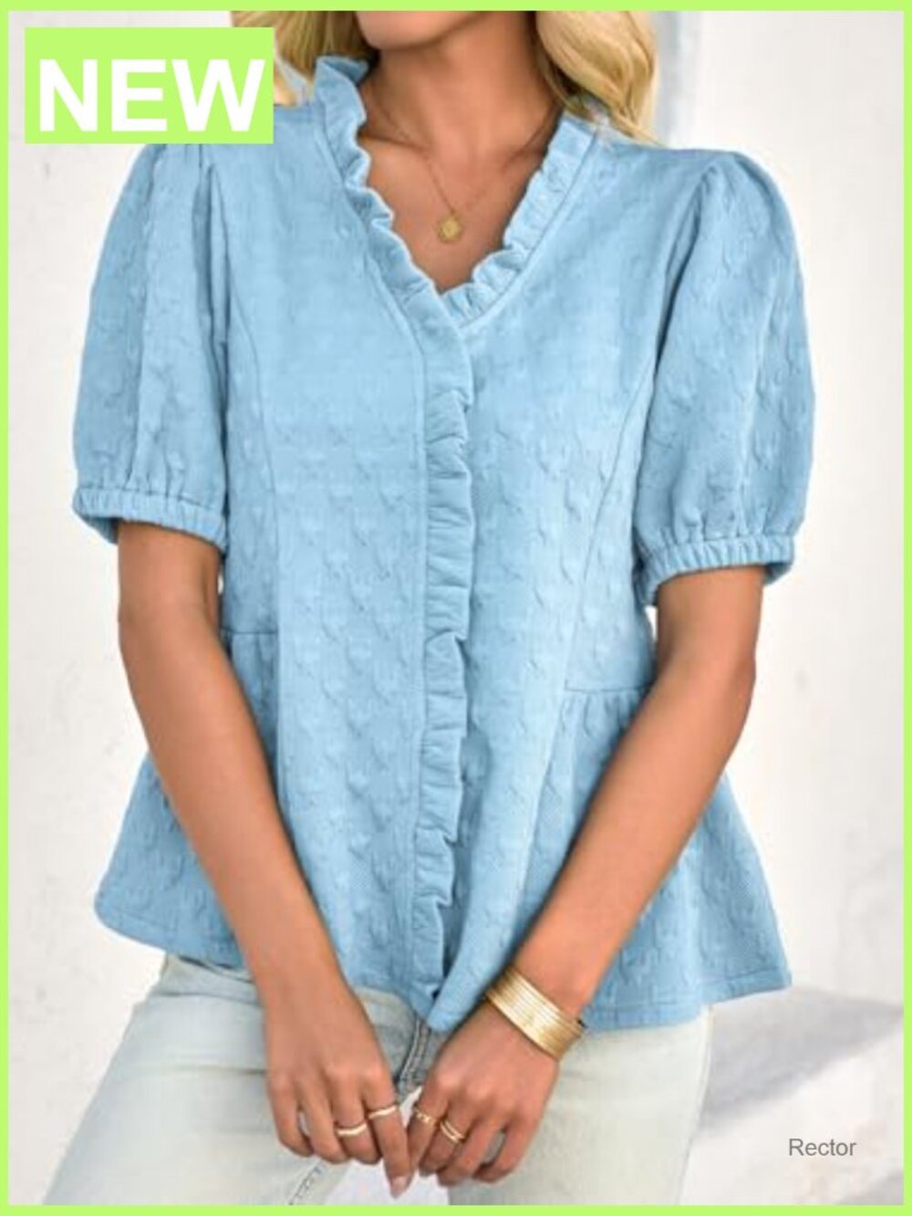 Womens Peplum Puff Sleeve Top V Neck Ruffle Blouse Dressy Casual Textured - Picture 3 of 7